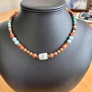 Handmade Amazonite, Carnelian, Adventurine and Sterling Silver Lobster Clasp 16"